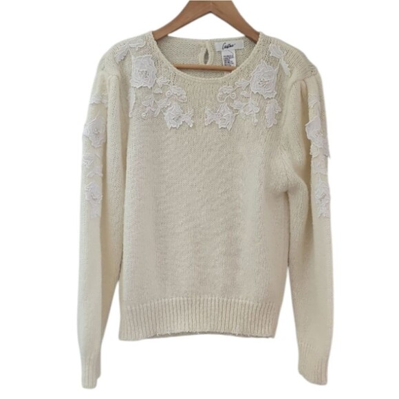 Vintage 90s Cristina Cream Knit Sweater with Lace Appliqué Floral Detail M - Picture 1 of 16